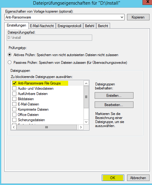 Dateiprüfung erstellen - Schutz vor Ransomware FSRM Dateiprüfung erstellen - Schutz vor Ransomware
