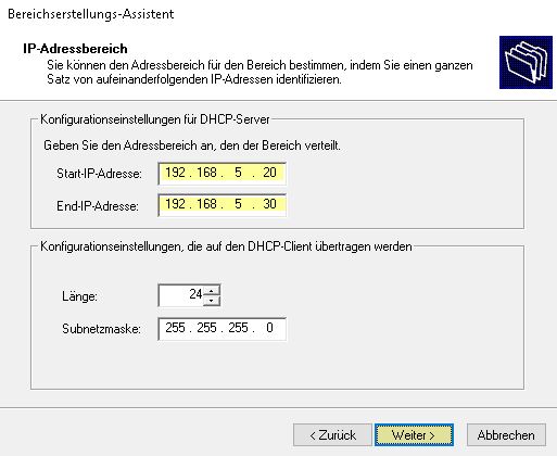 DHCP einrichten IP-Adressbereich