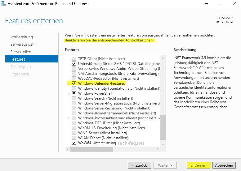 Windows Defender deinstallieren auf Windows Server 2016