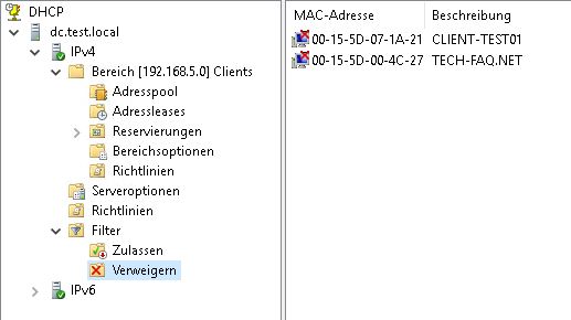 DHCP Filter Verweigern von MAC Adressen