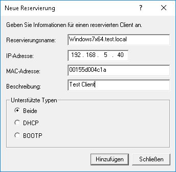 DHCP Reservierung erstellen - Eingabe der Mac-Adresse