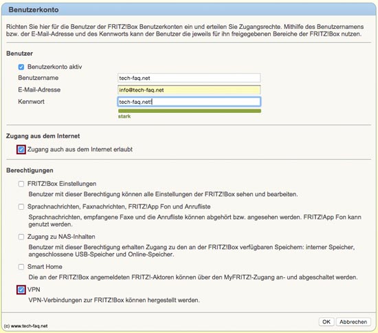 FritzBox VPN einrichten - Benutzerberechtigungen