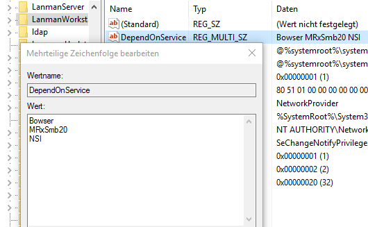 Standardeinstellungen Lanmanworkstation (Arbeitsstationsdienst)