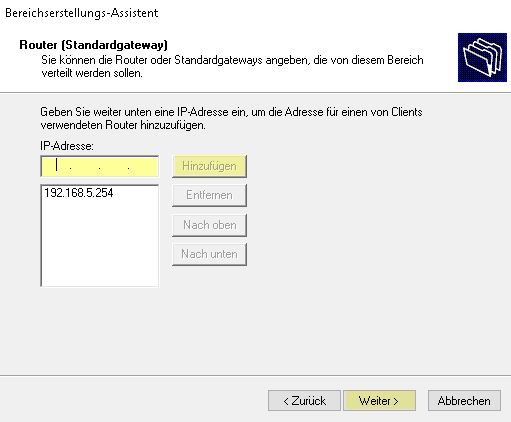 DHCP Server einrichten - Standardgateway