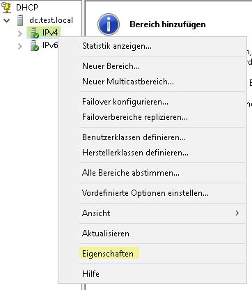 DHCP Server konfigurieren - IPv4 Eigenschaften