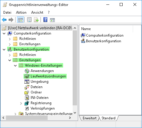 Laufwerkszuordnungen in der Gruppenrichtlinienverwaltung