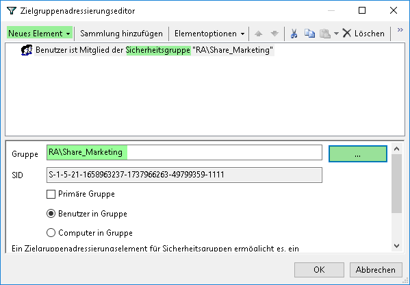 Zielgruppenadressierung Sicherheitsgruppe auswählen Zielgruppenadressierung Sicherheitsgruppe auswählen