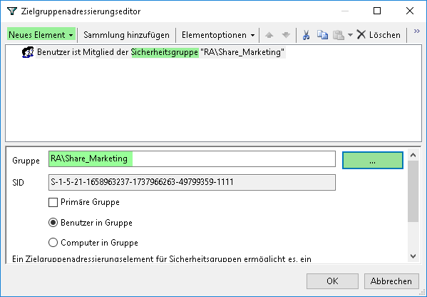 Zielgruppenadressierung Sicherheitsgruppe auswählen