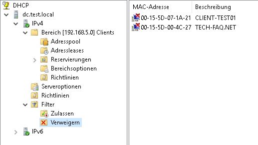 DHCP Filter verwenden DHCP Filter Verweigern von MAC Adressen
