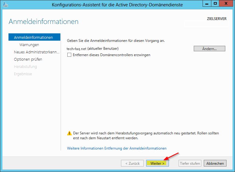 Domänencontroller herunterstufen - Anmeldeinformationen