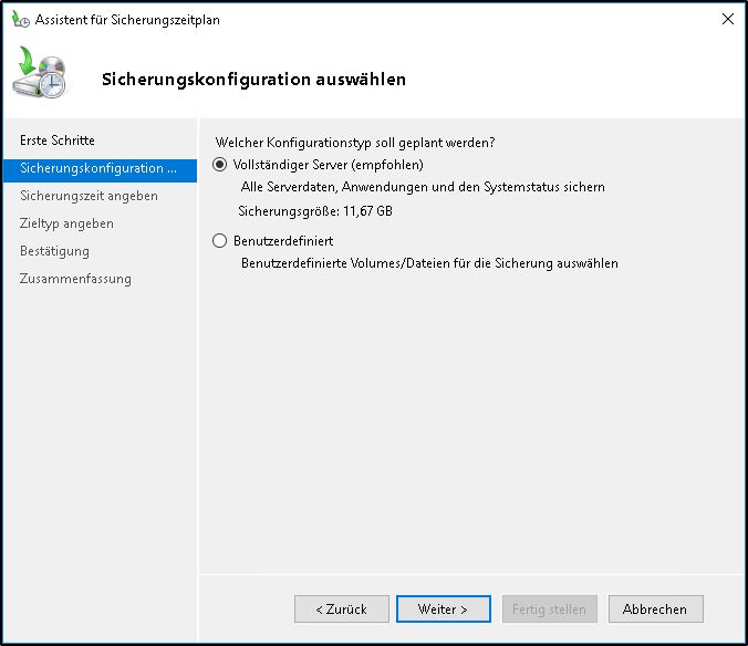 Windows Server Sicherung - Konfigurationstyp auswählen