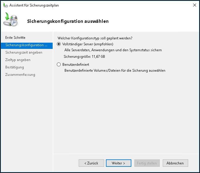 Windows Server Sicherung - Konfigurationstyp auswählen Windows Server Sicherung - Konfigurationstyp auswählen