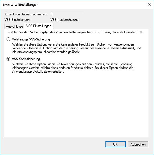 Windows Server Sicherung - VSS-Einstellungen