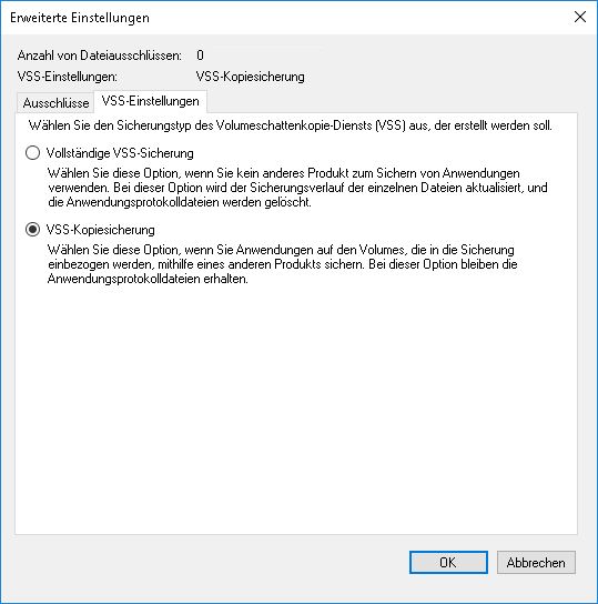 Windows Server Sicherung - VSS-Einstellungen Windows Server Sicherung - VSS-Einstellungen