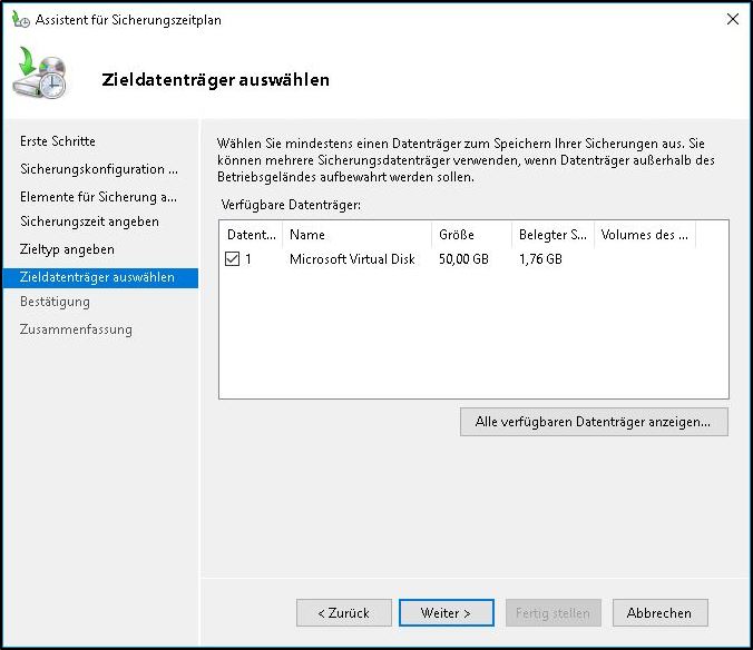 Windows Server Sicherung - Ziel definieren Windows Server Sicherung - Ziel definieren