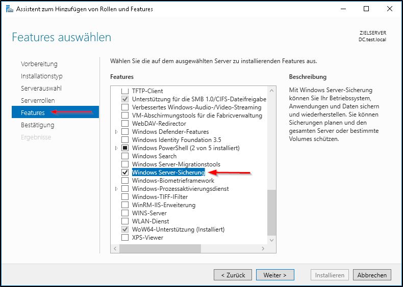 Windows Server Sicherung installieren Windows Server Sicherung installieren