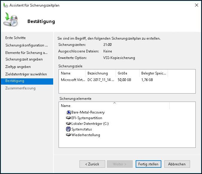 Windows Server Sicherung konfigurieren - Fertigstellen des Assistenten