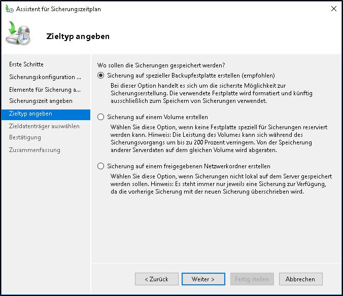 Windows Server Sicherung konfigurieren - Sicherungsziel