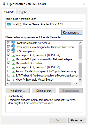 Bindungen der CSV Schnittstelle im Hyper-V Cluster