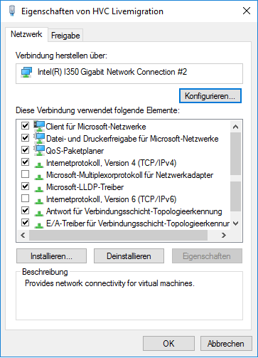 Bindungen Interface Livemigration Hyper-V Cluster