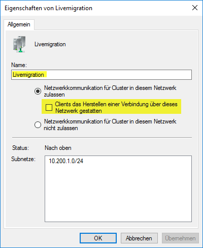 Hyper-V Clusternetzwerkeinstellungen Livemigration