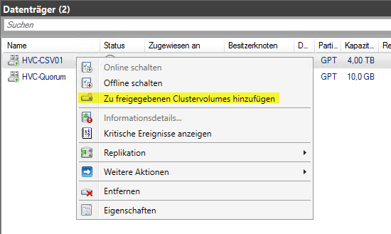 Hyper-V Volume hinzufügen