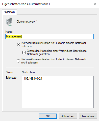 Eigenschaften des Management Netzwerkes im Cluster
