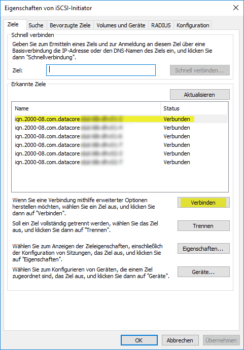 iSCSI Verbindungen Übersicht