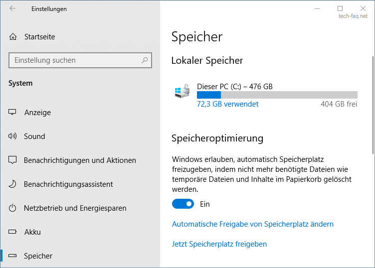 Windows 10 - Speicheroptimierung aktivieren