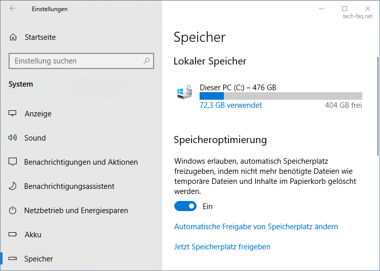 Windows 10 - Speicheroptimierung aktivieren Windows 10 - Speicheroptimierung aktivieren
