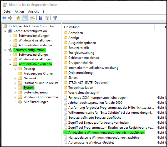 Anmeldung an Windows absichern Angegebene Windows Anwendungen nicht ausführen