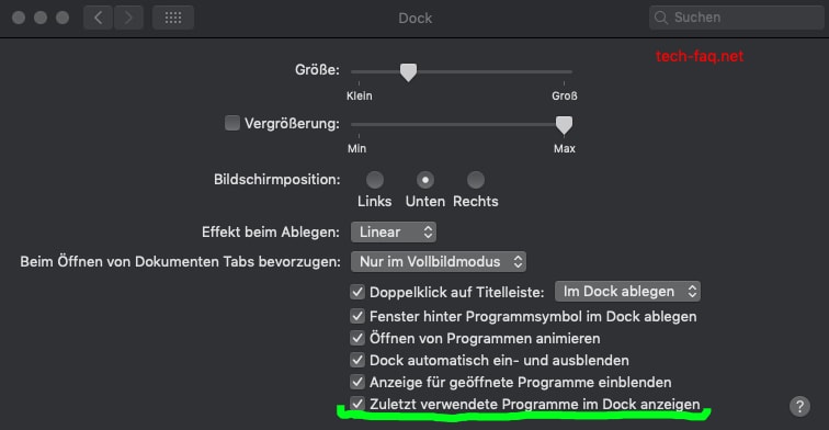 Zuletzt verwendete Apps nicht im Dock anzeigen