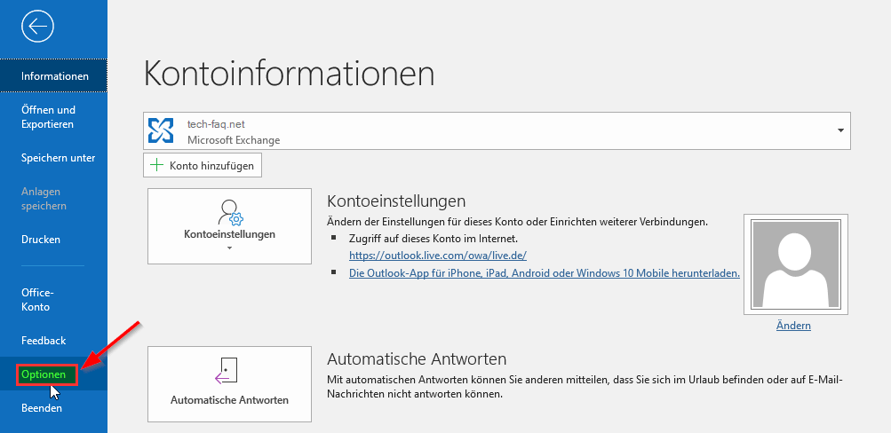 Microsoft Outlook Optionen öffnen