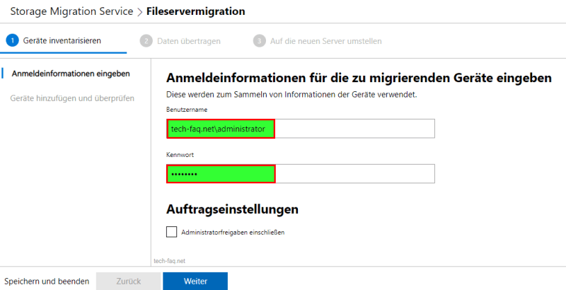 Storage-Migration-Service Anmeldedaten eingeben