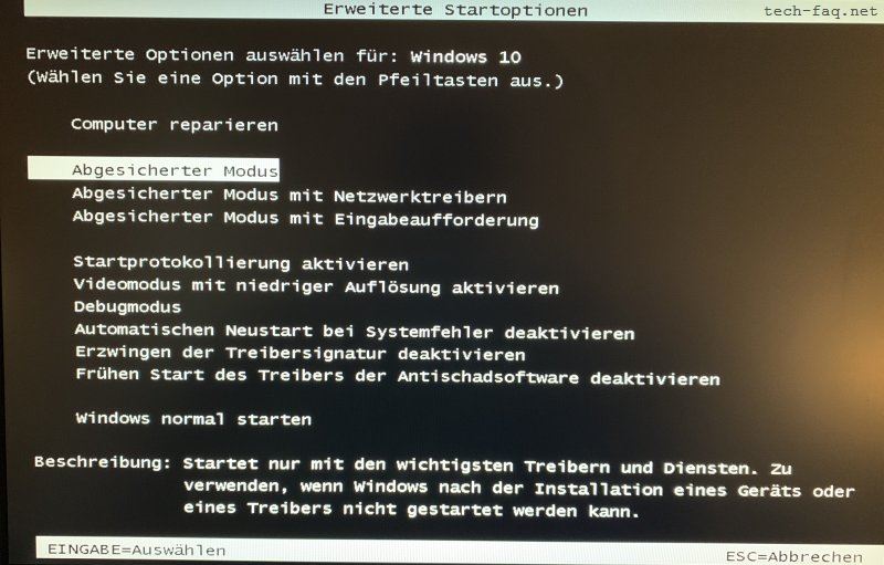 Abgesicherter Modus mit F8 starten in Windows 10