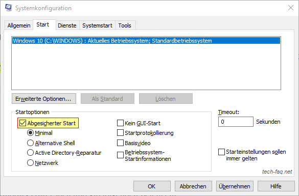 Abgesicherter Start von Windows 10 mit msconfig