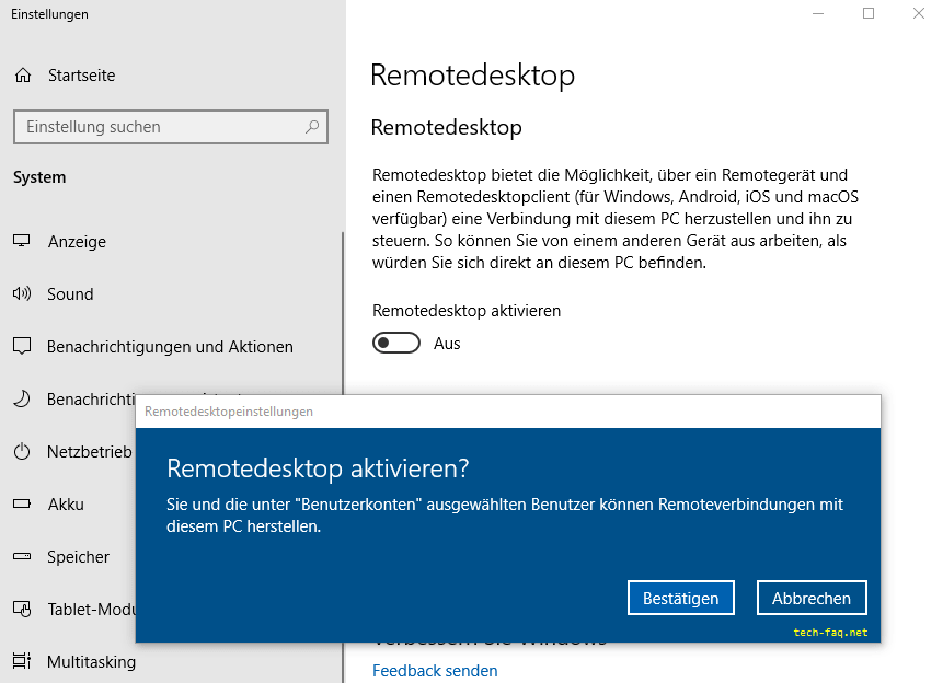 Remotedesktop aktivieren in Windows 10