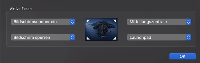 MacOS - Aktive Ecken - Festlegen der Aktionen