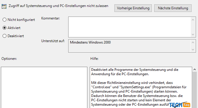 Zugriff auf Systemsteuerung nicht zulassen Zugriff auf Systemsteuerung nicht zulassen