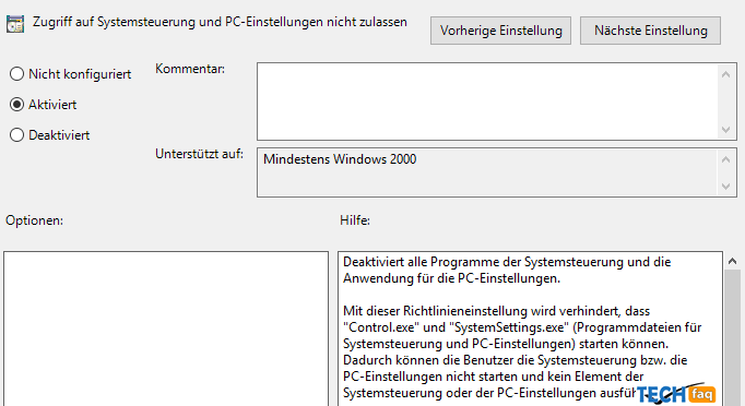 Zugriff auf Systemsteuerung nicht zulassen