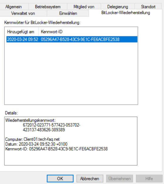 BitLocker Wiederherstellungsschlüssel im AD BitLocker Wiederherstellungsschlüssel im AD