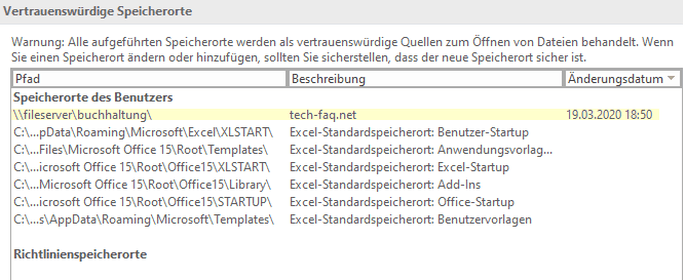 Speicherorte des Benutzers - MS Office