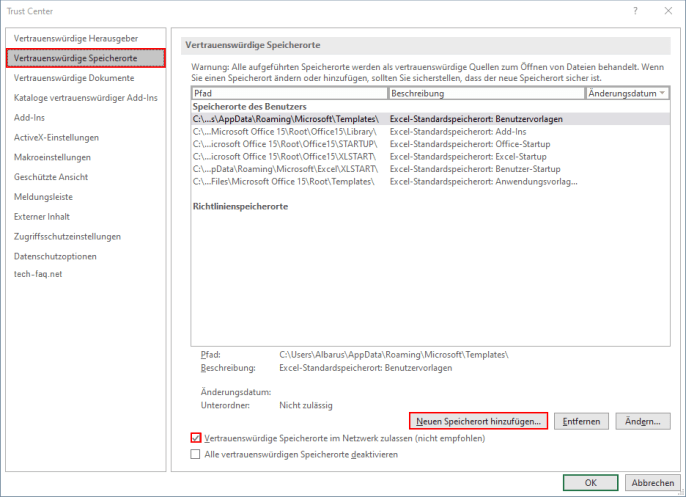 Vertrauenswürdige Speicherorte hinzufügen