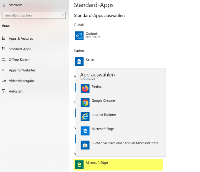 Standard-Apps: Standardbrowser von Windows 10 ändern.