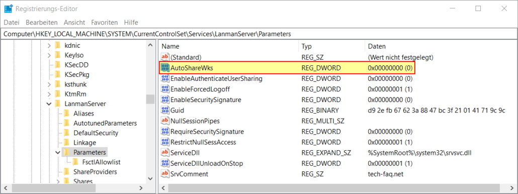 Administrative Freigaben deaktivieren in Windows Registry