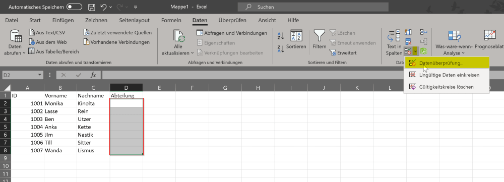 Dropdown / Excel Auswahlliste erstellen