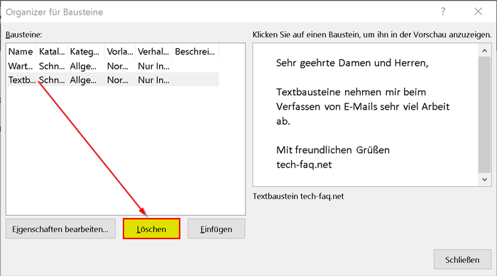 Schnellbausteine in Outlook löschen