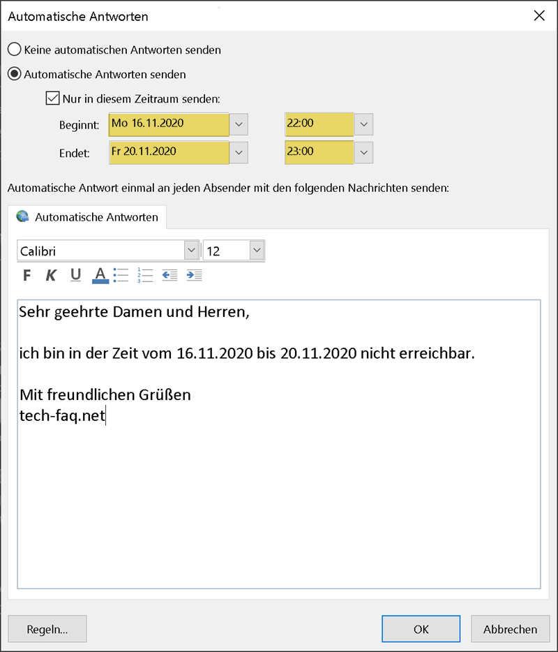 Konfiguration einer Abwesenheitsnotiz in Microsoft Outlook