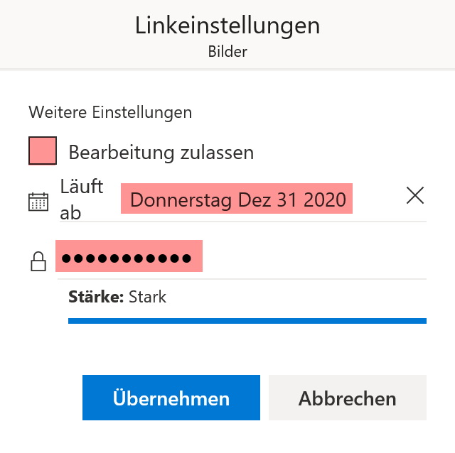 Dateien und Bilder mit OneDrive teilen Einstellungen für OneDrive Freigabe
