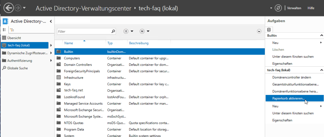AD-Papierkorb - Aktivierung über das Active Directory Verwaltungscenter